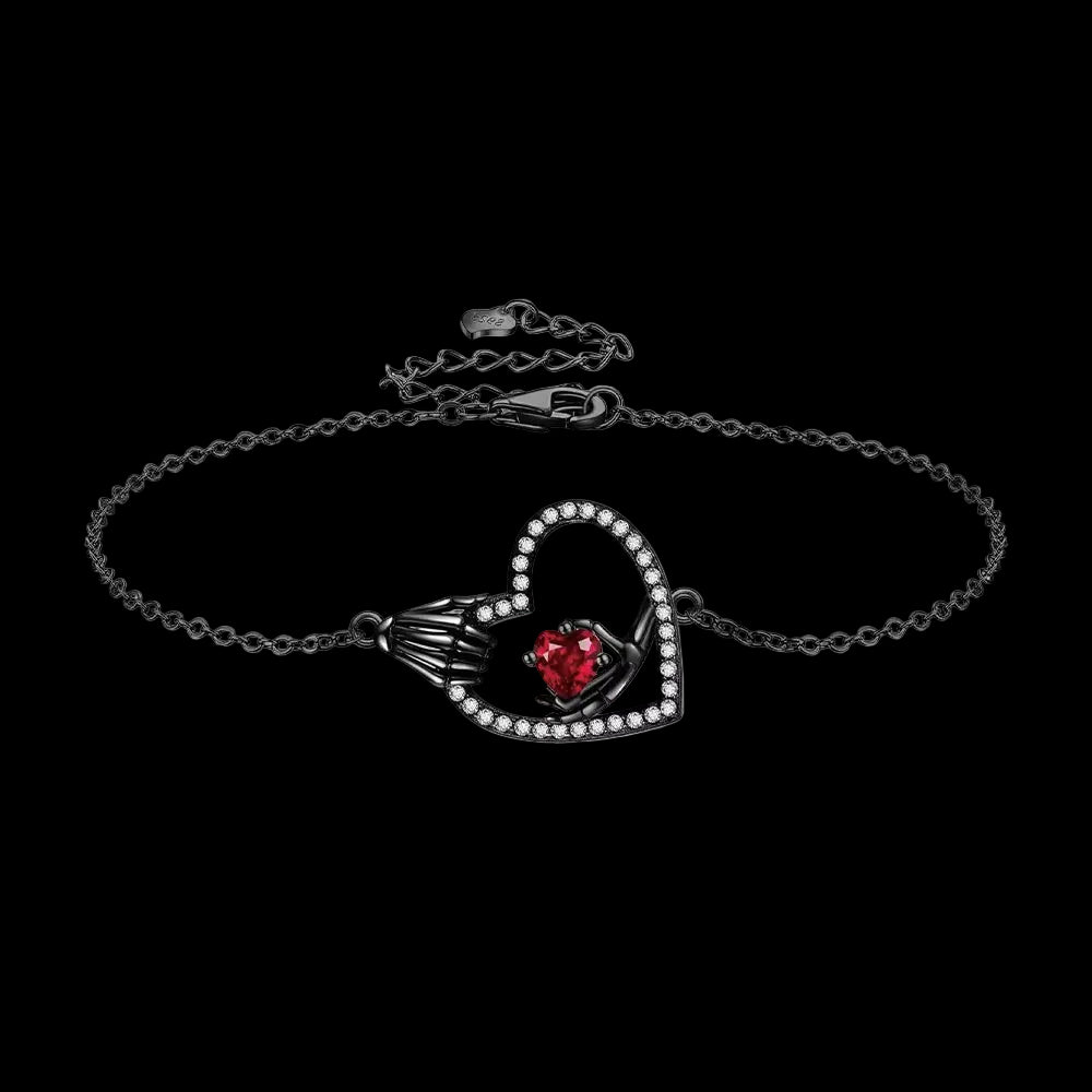 Gothic Jewelry 925 Sterling Silver Black Rhodium Claddagh Red Zircon Heart Link Chain Bracelet