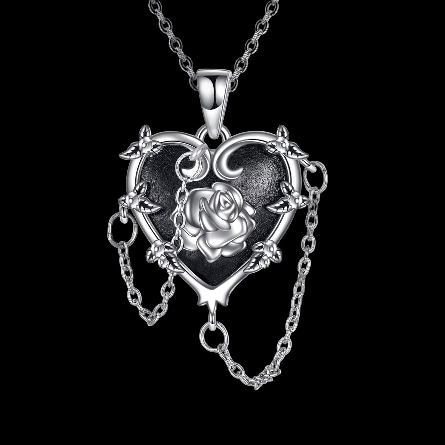 Black heart rose pendant necklace