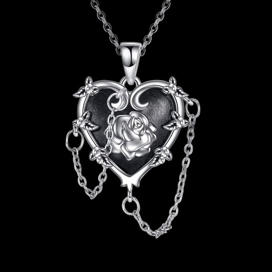 Black heart rose pendant necklace